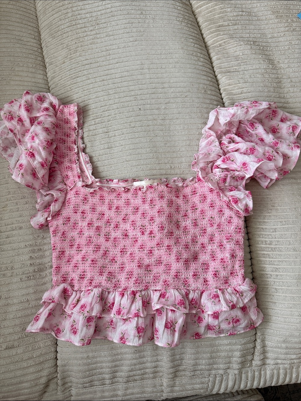 LoveShackFancy Pink Floral Smocked Ruffle Crop Top